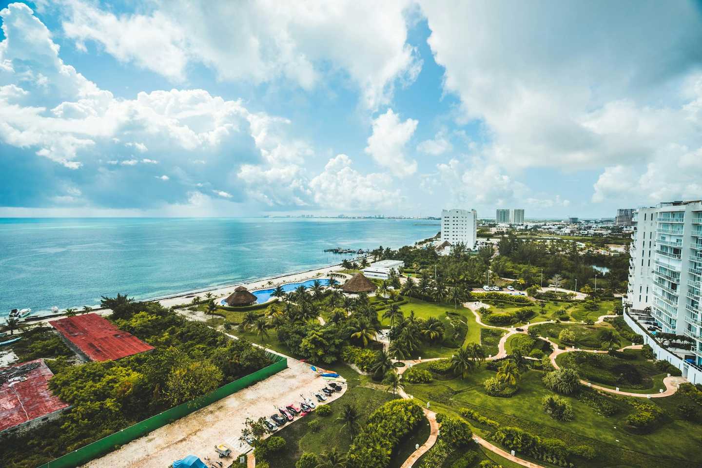 Aerial view of the Cancún coastline and turquoise sea