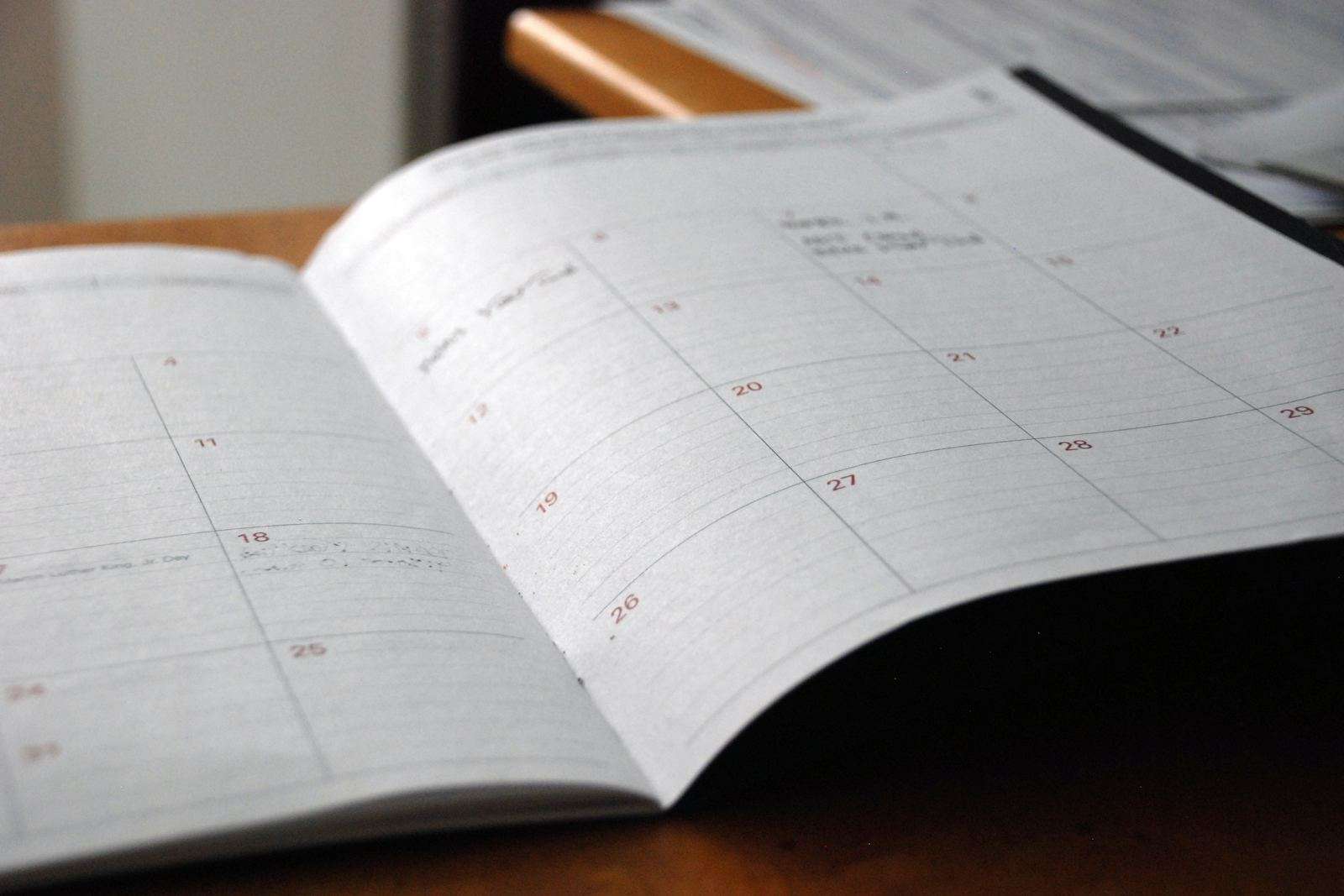An open monthly planner for choosing travel dates