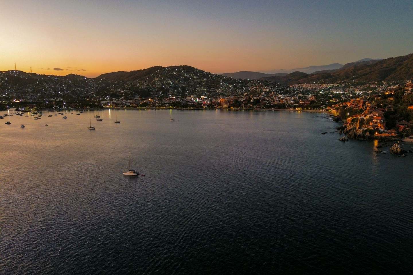 Zihuatanejo Bay with sailboats at sunset, Mexico