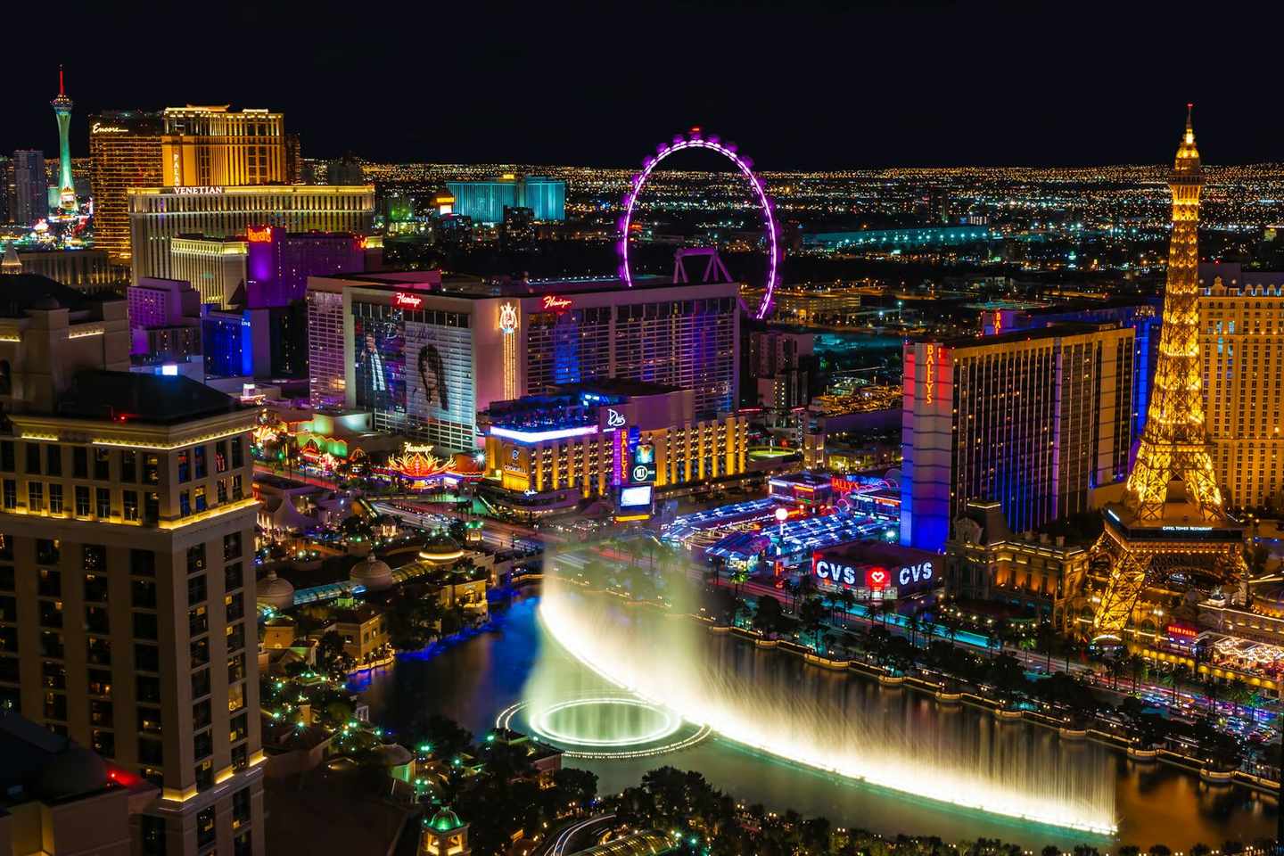 The Las Vegas Strip and Bellagio fountains at night