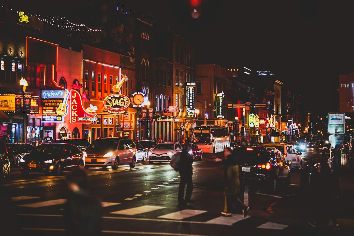 Neon-lit Lower Broadway at night, Nashville