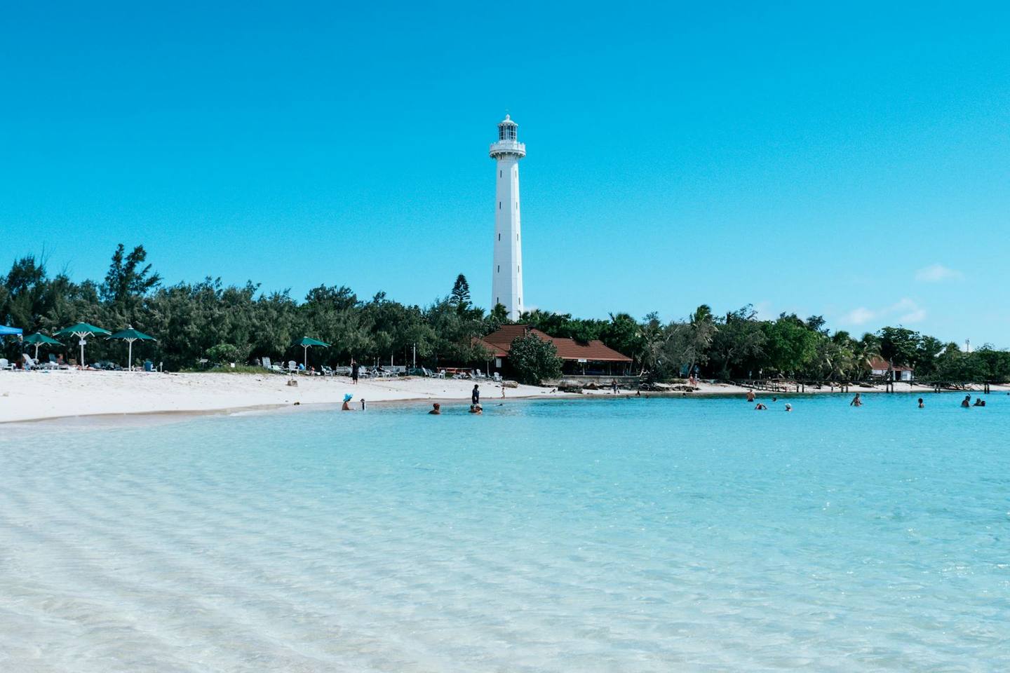 The Amédée Lighthouse and a turquoise beach in New Caledonia