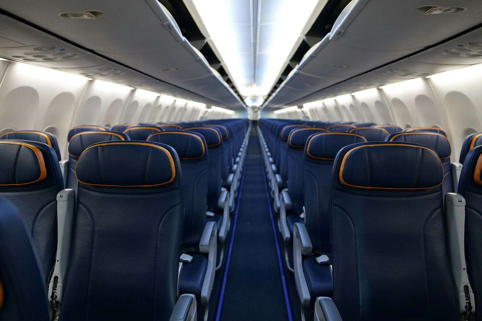Spacious, brand-free premium economy cabin interior