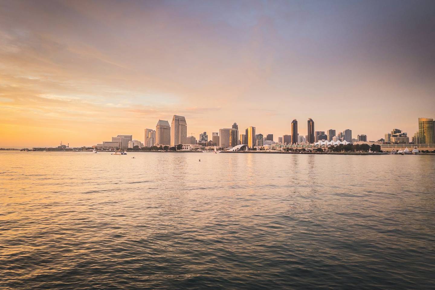 The San Diego skyline across the bay at sunset