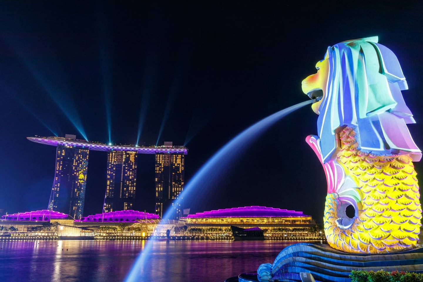 The Merlion and Marina Bay Sands lit up at night, Singapore